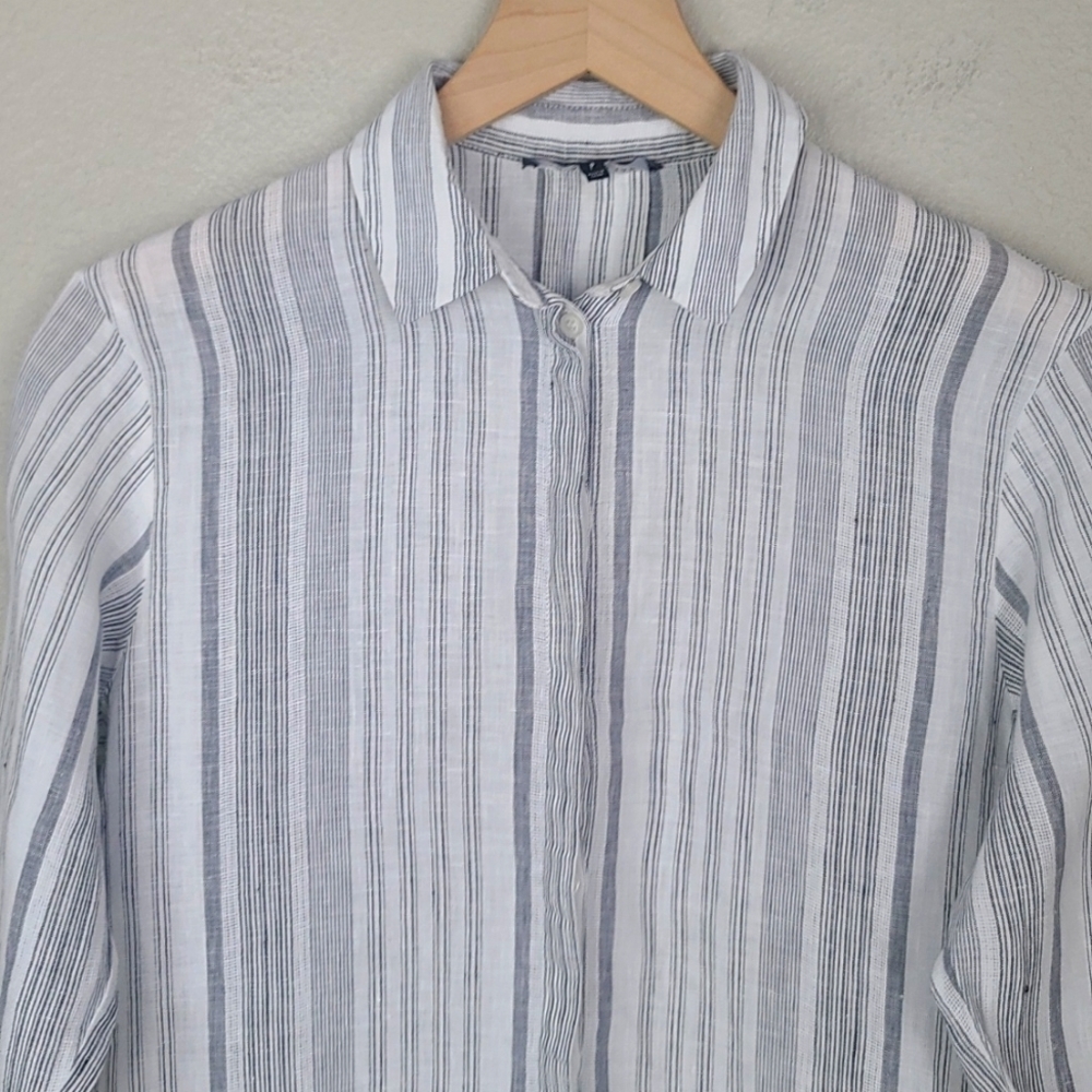 Lafayette 148 New York Striped Linen Button Down Shirt - Picture 2 of 11